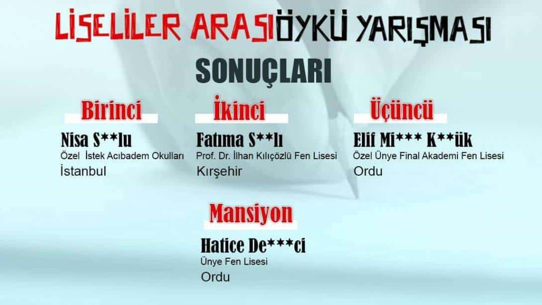 Liseliler Arası Öykü Yarışmasında Prof. Dr. İlhan Kılıçözlü Fen Lisesi Öğrencisi Türkiye 2.'si Oldu